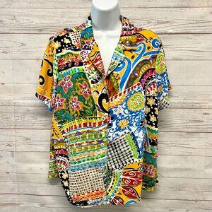 Jams World Boho Patch Short Sleeve Button Up Shirt